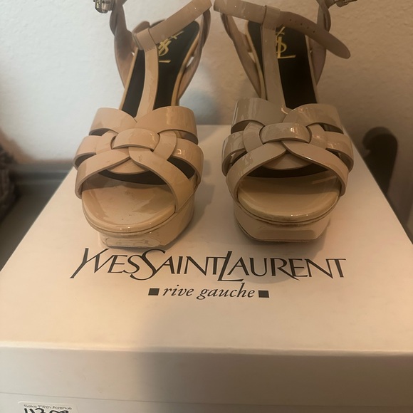 YSL Saint Laurent Powder Beige Patent Tribute Platform Sandals Size 38 Worn 1x - Picture 2 of 9